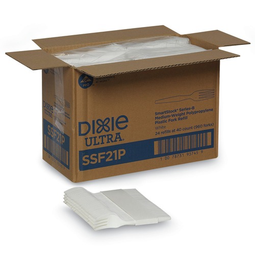 Disposable Forks | Dixie SSF21P SmartStock Series-B 5.8 in. Mediumweight Plastic Cutlery Forks Refill - White (40/Pack, 24 Packs/Carton) image number 0