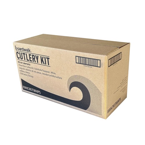 Cutlery Kits | Boardwalk BWK3KITWHPS 3-Piece Mediumweight Fork/Knife/Teaspoon Cutlery Kit - White (250/Carton) image number 0