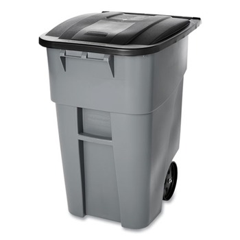OUTDOOR WASTE RECEPTACLES | Rubbermaid Commercial FG9W2700GRAY Brute 50 Gallon Square Molded Plastic Rollout Container - Gray