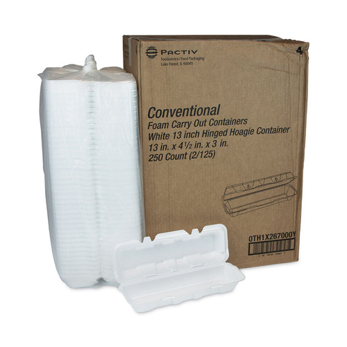 Food Containers & Lids | Pactiv Corp. 0TH1X267000Y 13 x 4 x 4 Foam Hinged Lid Containers - White (250/Carton) image number 0