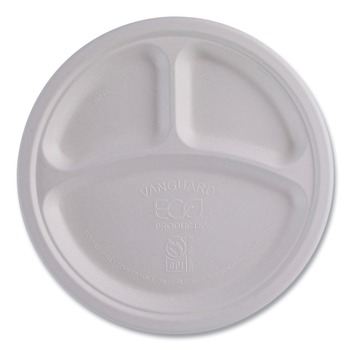 PLATES | Eco-Products EP-P007NFA Vanguard 10 in. diameter 3-Compartment Renewable and Compostable Sugarcane Plates - White (500/Carton)