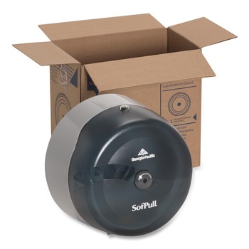 TOILET TISSUE DISPENSERS | Georgia Pacific Professional 56501 SofPull 10.5 in. x 6.75 in. x 10.5 in. High-Capacity Center-Pull Tissue Dispenser - Smoke