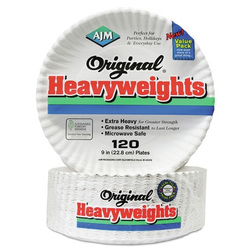 Plates | AJM Packaging Corporation AJM OH9AJBXWH 9 in. Diameter Original Heavyweights Paper Plates - White (120/Pack, 8 Packs/Carton) image number 0