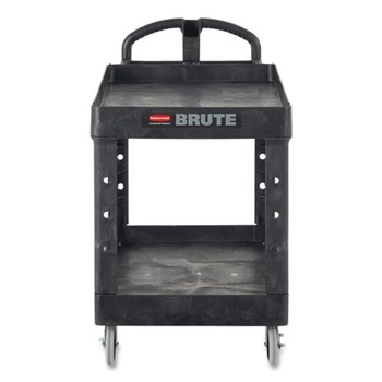 Rubbermaid Commercial FG454600BLA 26 in. x 55 in. x 33.25 in. 750 lbs. Capacity 2 Lipped Shelves Heavy-Duty Plastic Utility Cart - Black