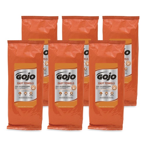 Hand Sanitizing Wipes | GOJO Industries 6285-06 FAST TOWELS 7.75 in. x 11 in. 2-Ply Hand Cleaning Towels - Fresh Citrus Blue (6/Carton) image number 0