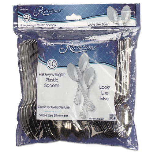 Disposable Spoons | WNA WNA REF320SP 6.25 in. Reflections Heavyweight Plastic Utensils Spoon - Silver (320/Carton) image number 0
