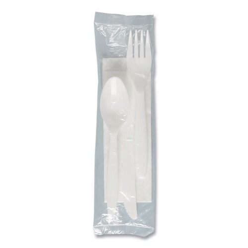 Cutlery Kits | SOLO MOW9Y-0007 Medium Weight PP Kit Wrapped Fork/Knife/Teaspoon/Napkin - White (250/Carton) image number 0