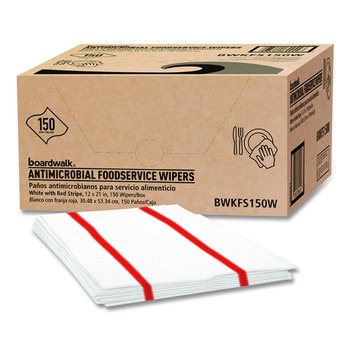 Boardwalk 3282 1-Ply 12 in. x 21 in. Antimicrobial Foodservice Wipers - Red/White (150/Carton)
