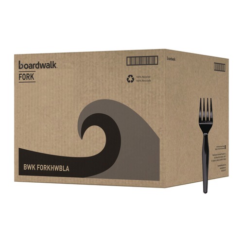 Disposable Forks | Boardwalk BWKFORKHWBLA Heavyweight Polystyrene Plastic Fork Cutlery - Black (1000/Carton) image number 0