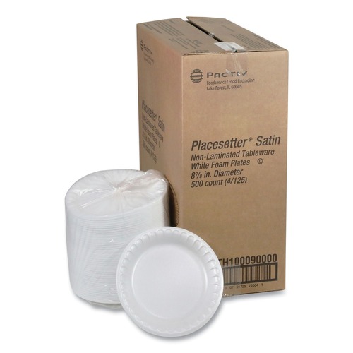 Plates | Pactiv Corp. 0TH100090000 Placesetter 9 in. Diameter Plate Satin Non-Laminated Foam Dinnerware - White (500/Carton) image number 0
