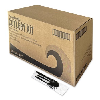 Boardwalk BWK3KITBLPS 3-Piece Polystyrene Fork/Knife/Teaspoon Cutlery Kit - Black (250/Carton)