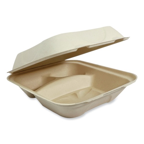 Food Containers & Lids | World Centric TO-SC-U8T-LFP 3-Compartment 8.8 in. x 8.2 in. x 2.9 in. Paper Fiber Hinged Containers - Natural (300/Carton) image number 0