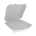 Food Containers & Lids | Pactiv Corp. YMCH08030001 EarthChoice 7.8 in. x 7.8 in. x 2.8 in. Bagasse Hinged Lid 3-Compartment Container with Dual Tab Lock - Natural (150/Carton) image number 3