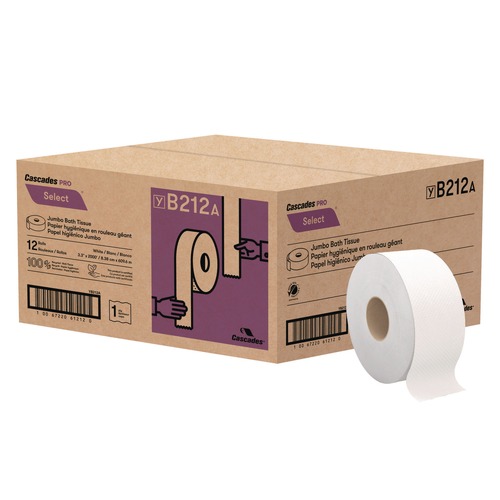 Toilet Tissues | Cascades PRO B212 3.3 in. x 2000 ft. 1-Ply Septic-Safe Select Jumbo Bath Tissue - White (12 Rolls/Carton) image number 0