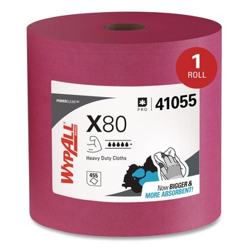 WypAll 41055 12.4 in. x 12.2 in. Power Clean Jumbo Roll X80 Heavy Duty Cloths - Red (1/Carton)