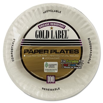 AJM Packaging Corporation AJM CP9GOEWH 9 in. Diameter Gold Label Coated Paper Plates - White (100/Pack, 10 Packs/Carton)