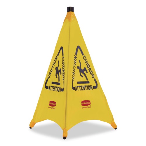 Signs | Rubbermaid Commercial FG9S0100YEL 3-Sided Fabric 21 in. x 21 in. x 30 in. Multilingual Pop-Up Wer Floor Safety Cone - Yellow image number 0