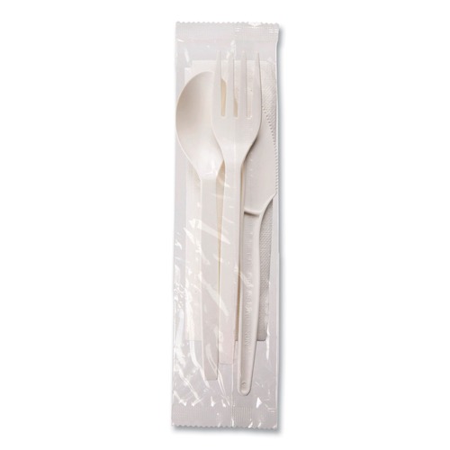 Cutlery Kits | WNA EPS005 EcoSense Renewable PSM Wrapped Plastic Fork/Knife/Napkin/Spoon Cutlery Kit - White (250/Carton) image number 0