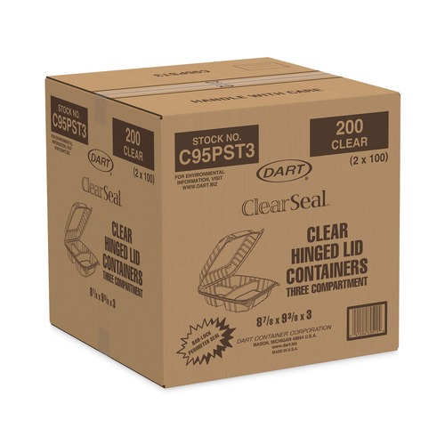 Food Containers & Lids | Dart C95PST3 ClearSeal 9.4 in. x 8.9 in. x 3 in. 3-Compartments Hinged-Lid Plastic Containers (200/Carton) image number 0