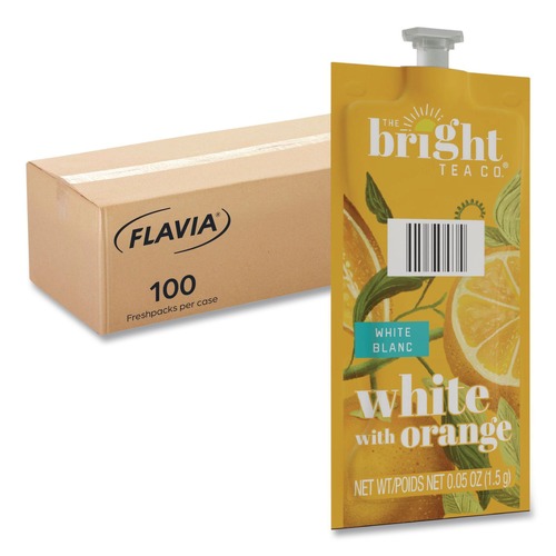 Tea | FLAVIA 48024 0.05 oz. Pouch The Bright Tea Co. Freshpack - White with Orange (100/Carton) image number 0