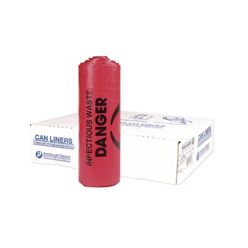 WASTE RECEPTACLES | Inteplast Group WSL3339R 33 gal. 1.3 mil 33 in. x 39 in. Institutional Low-Density Can Liners - Red (25 Bags/Roll, 6 Rolls/Carton)