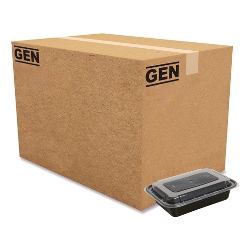 Food Containers & Lids | GEN FCPP-BC-16RECT 7.48 in. x 5.03 in. x 2.04 in. 16 oz. Plastic Microwavable Food Container with Lid - Rectangular Black/Clear (150/Carton) image number 0