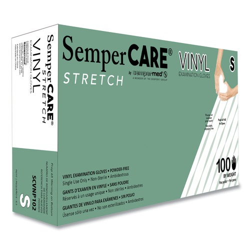 Janitorial Disposable & Single Use Gloves | SemperCare SCVNP102 Stretch Vinyl Examination Gloves - Small, Cream (100/Box) image number 0
