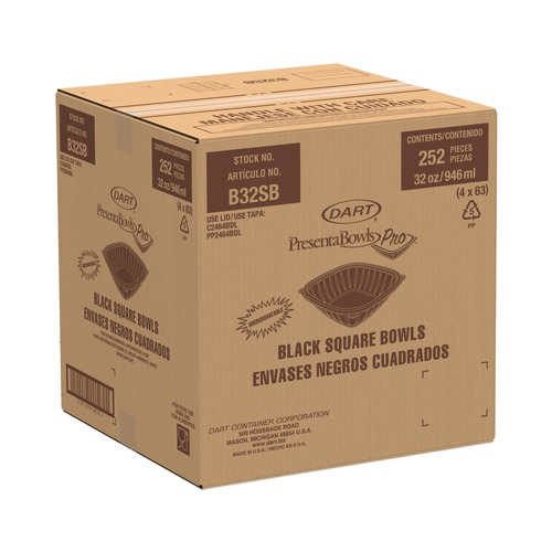 Food Containers & Lids | Dart B32SB PresentaBowls Pro 8.5 in. x 8.5 in. x 2 in. 32 oz. Plastic Square Bowls - Black (4/Carton) image number 0