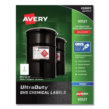 | Avery 60521 UltraDuty 8.5 in. x 11 in. GHS Chemical Waterproof and UV Resistant Labels - White (50/Pack)