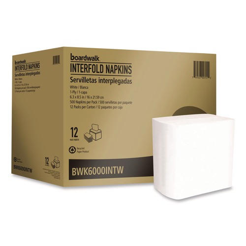 Dispenser Napkins | Boardwalk BWK6000INTW 6.3 in. x 8.5 in. 1-Ply Interfold Napkins - White (12/Carton) image number 0