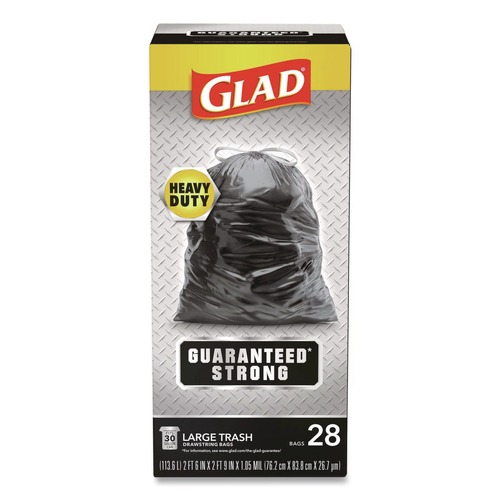 Drawstring & Kitchen Bags | Glad 78966 30 in. x 33 in. 1.05 mil 30 Gallon Three-Ply Drawstring Trash Bags - Black/Large (28/Box) image number 0