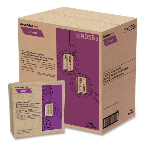 Dinner Napkins | Cascades PRO N055 16 in. x 15.5 in. 1-Ply Select Dinner Napkins - Natural (12 Packs/Carton) image number 0