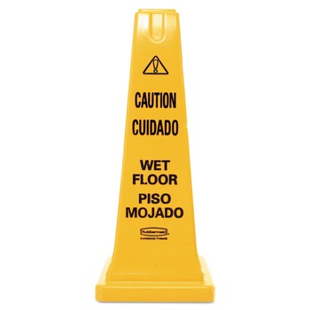 SIGNS | Rubbermaid Commercial FG627777YEL 10.55 in. x 10.5 in. x 25.63 in. Multilingual Wet Floor Safety Cone - Yellow