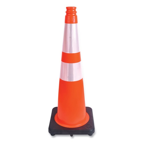 Traffic Safety | Tatco 35500 10.75 in. x 10.75 in. x 28 in. Traffic Cone - Orange/Silver/Black image number 0