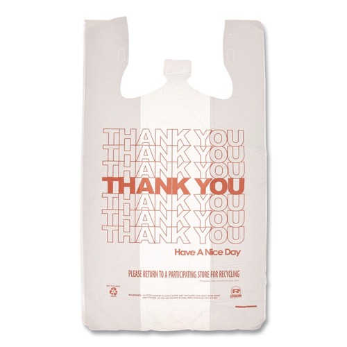 T-Sacks & Thank You Bags | AmerCareRoyal RPTYB6 11.5 in. x 6.5 in. x 21 in. Thank You - Have a Nice Day Labeling Cut-Out Handles Thank You Bags - White/Red (1000/Carton) image number 0
