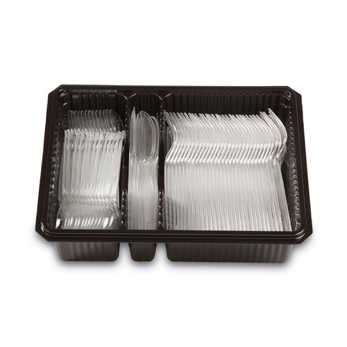 Cutlery Kits | Dixie CH0369DX7 Tray with Plastic Forks/Knives/Spoons Combo Pack - Clear (180/Pack) image number 0