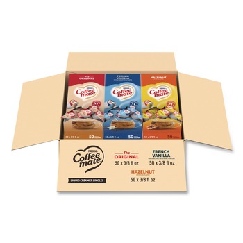 Coffee-Mate 12408209 0.38 oz. Mini Cups Liquid Coffee Creamer - French Vanilla/Hazelnut/Original (150/Carton)