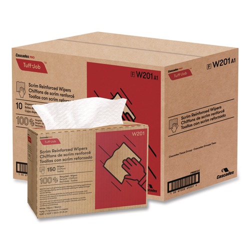 Cleaning Cloths & Wipes | Cascades PRO W201 9.25 in. x 12.5 in. 4-Ply Tuff-Job Scrim Reinforced Wipers - White (10 Boxes/Carton) image number 0