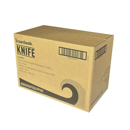 Disposable Knives | Boardwalk BWKKNIFEBLPPIW Mediumweight Wrapped Polypropylene Plastic Knife Cutlery - Black (1000/Carton) image number 0