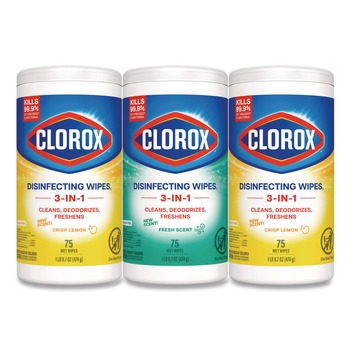 Clorox 30208 7 in. x 8 in. 1-Ply Disinfecting Wipes - Fresh Scent/Citrus Blend, White (75/Canister, 3 Canisters/Pack)