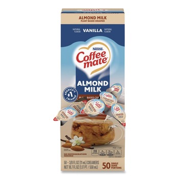 Coffee-Mate 12461537 0.38 oz Mini Cups Plant-Based Almond Milk Non-Dairy Liquid Creamer Singles - Natural Vanilla (50/Box)