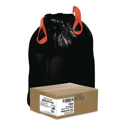 Drawstring & Kitchen Bags | Draw 'n Tie 1518607 Drawstring 33 Gallon 1.2 mil 33.5 in. x 38 in. Heavy-Duty Trash Bags - Black (150/Box) image number 0