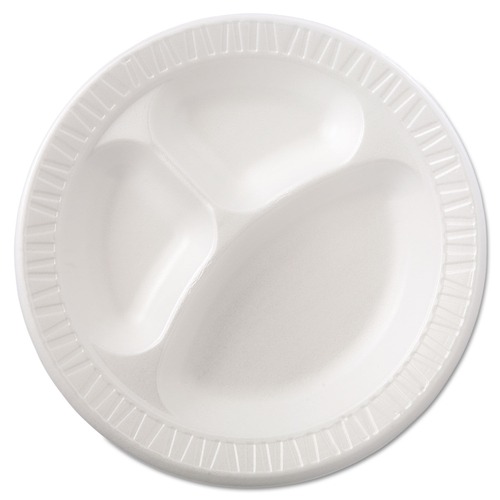 Plates | Dart 10CPWQR 10.25 in. Diameter 3 Compartment Quiet Class Laminated Foam Dinnerware Plates - White (500/Carton) image number 0