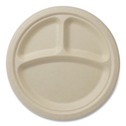 Plates | World Centric PLSC9TLFS 9 in. Diameter 3-Compartment Paper Fiber Plates - Natural (1000/Carton) image number 0