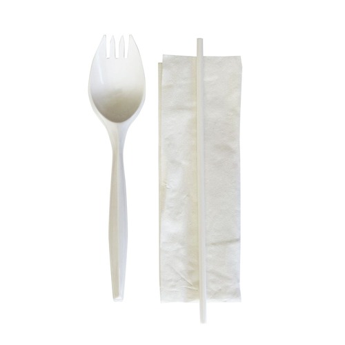 Cutlery Kits | Boardwalk BWKSCHOOLKITPP 5.31 in. Mediumweight Plastic School Cutlery Napkin/Spork/Straw Kit - White (1000/Carton) image number 0