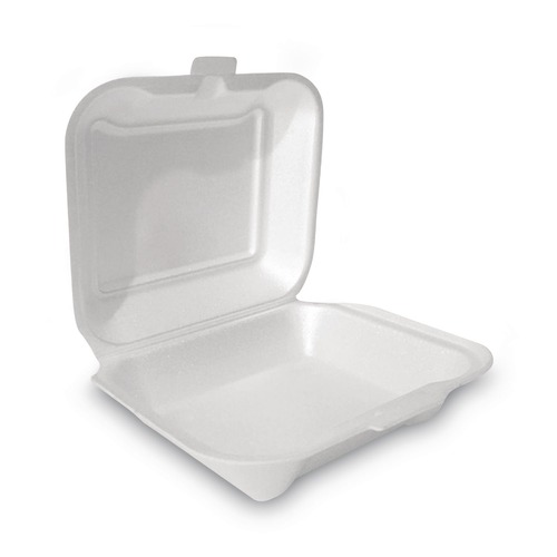 Food Containers & Lids | Plastifar 12018 7.81 in. x 8.75 in. x 3.38 in. Secure One Tab Latch Poly Bag Foam Hinged Lid Container - White (200/Pack) image number 0