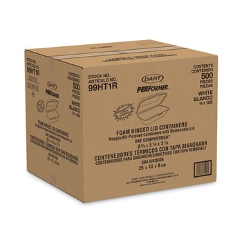 FOOD CONTAINERS PACKAGING | Dart 99HT1R 5.3 in. x 9.8 in. x 3.3 in. Foam Hinged Lid Hoagie Container with Removable Lid - White (500/Carton)