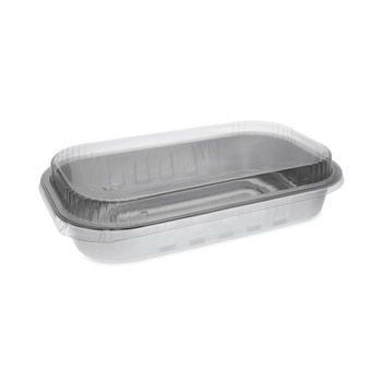 Pactiv Corp. 6713WPTE 72 oz 12.25 in. x 7.5 in. x 3.13 in. Aluminum Carry-Out Container with OPS Tamper-Evident Dome Lid - Silver (125/Carton)