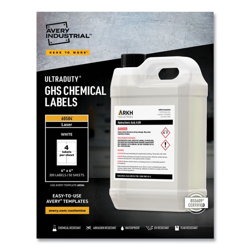 Perforated Roll & Hand Towels | Avery 60504 UltraDuty 4 in. x 4 in. GHS Chemical Waterproof and UV Resistant Labels - White (50/Box) image number 0