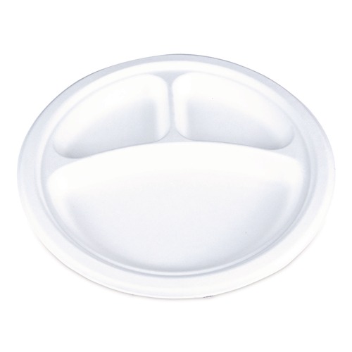 Perforated Roll & Hand Towels | SCT 18163WPF 10 in. Diameter 3-Compartment ChampWare Molded Fiber Plate Tableware - White (500/Carton) image number 0